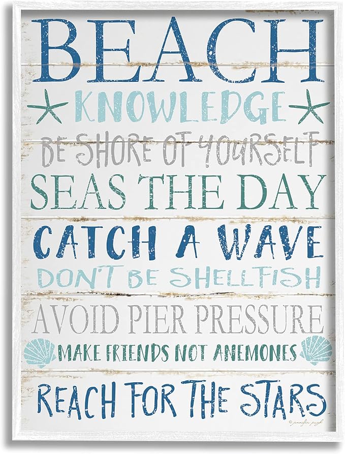 Stupell Industries cwp-367 Beach Knowledge Blue Aqua Planked Look Sign Wall Art, 11 x 14, White Framed