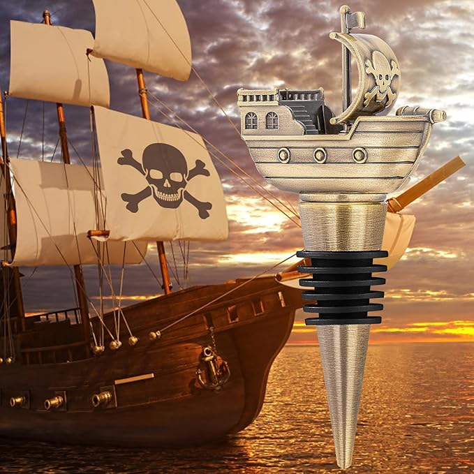 LKKCHER Pirate Ship Wine Stopper, Wine Gifts for Men Warship Battleship Lovers, Nautical Bottle Stoppers for Wine Champagne Prosecco, Birthday Gifts, Wine Saver, Wine Accessories