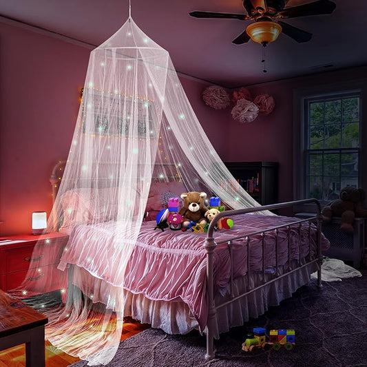 Daksha Princess Bed Canopy for Girls with Glowing Stars, Bed Curtains for Kids, Ceiling Tent, White Room Decor, Fits Twin, Full and Queen Size Beds