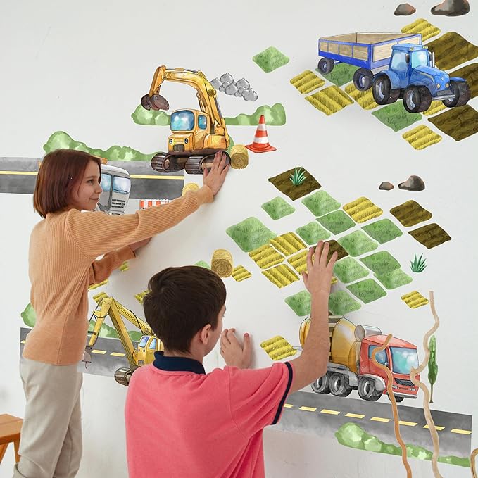 Large Car Wall Decals for Kids by Lipastick - 58 pcs Transports Wall Stickers Peel and Stick Truck Stickers – Construction Cars Wall Decals - Tractor Excavator City Nursery Playroom Wall Décor L Size