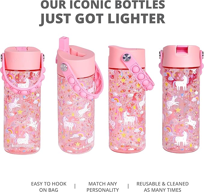 Elemental Leak Proof Water Bottles for Kids - Splash Kids Water Bottle for School with Fun Fidget Pop-it Handle - BPA Free Tritan Plastic Reusable Water Bottle with Straw - Pink Unicorn - 18oz
