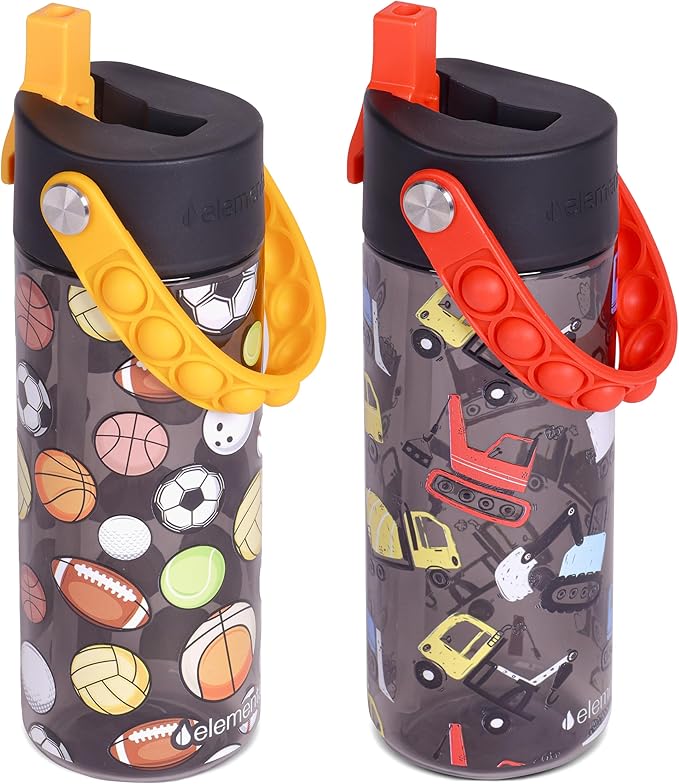 Elemental Leak Proof Water Bottles for Kids - Splash Kids Water Bottle for School with Fun Fidget Pop-it Handle - Tritan Plastic Water Bottle with Straw - Sports Ball & Construction - 18oz (2 Pack)