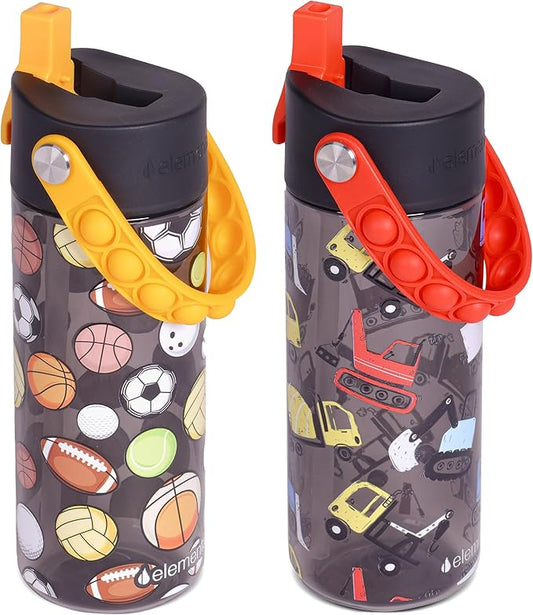 Elemental Leak Proof Water Bottles for Kids - Splash Kids Water Bottle for School with Fun Fidget Pop-it Handle - Tritan Plastic Water Bottle with Straw - Sports Ball & Construction - 18oz (2 Pack)