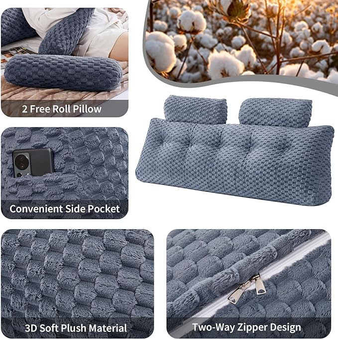 Wedge Headboard Pillow - Bed Wedge Pillow for Headboard Triangular Headboard Pillow with Neck Roll Pillow-Large Bolster Pillow for Sitting in Bed Backrest Positioning Support (Grey,76x8x20 Inches)