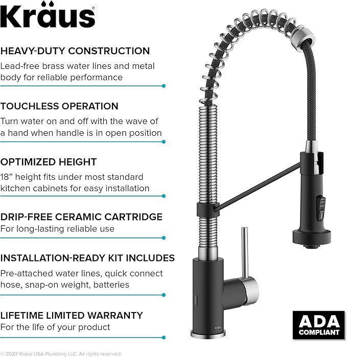 KRAUS Bolden Touchless Sensor Commercial Style 2-Function Single Handle Pull-Down Kitchen Faucet in Spot-Free Stainless Steel / Matte Black, KSF-1610SFSMB