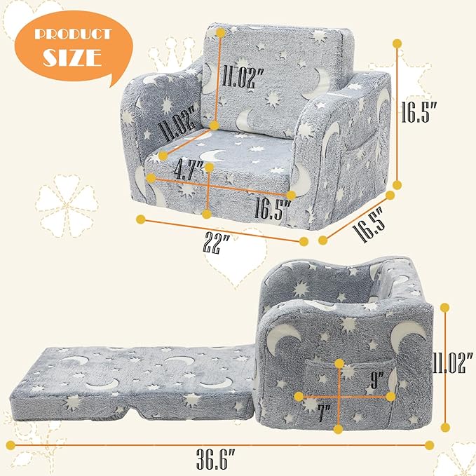 Baby Toddler Baby Sofa Couch for Kids Foldable 2-in-1 Fold Out Couch Bed for Playroom, Pull Out Children Convertible Sofa to Lounger Sleeper Chair for Boys & Girls with Double Pockets - Glowing Grey