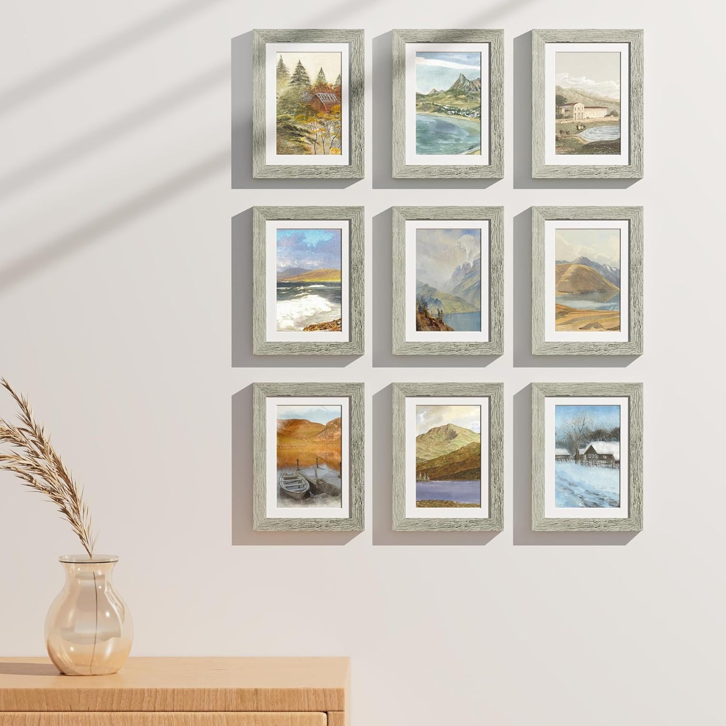 Vittanly 5x7 Picture Frames Set of 9, Shatter Resistant Plexiglass, Display 4x6 Pictures with Mat or 5x7 without Mat, Photo Frames for Wall or Tabletop, Engineered Wood, Grey
