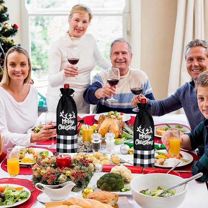 Patelai 12 Pieces Christmas Wine Bottle Bags Wine Bottle Sweater Dress Christmas Wine Sleeve Burlap Santa Bottle Covers Plaid Drawstring Bottle Bags for Xmas Dining Table (Black White)