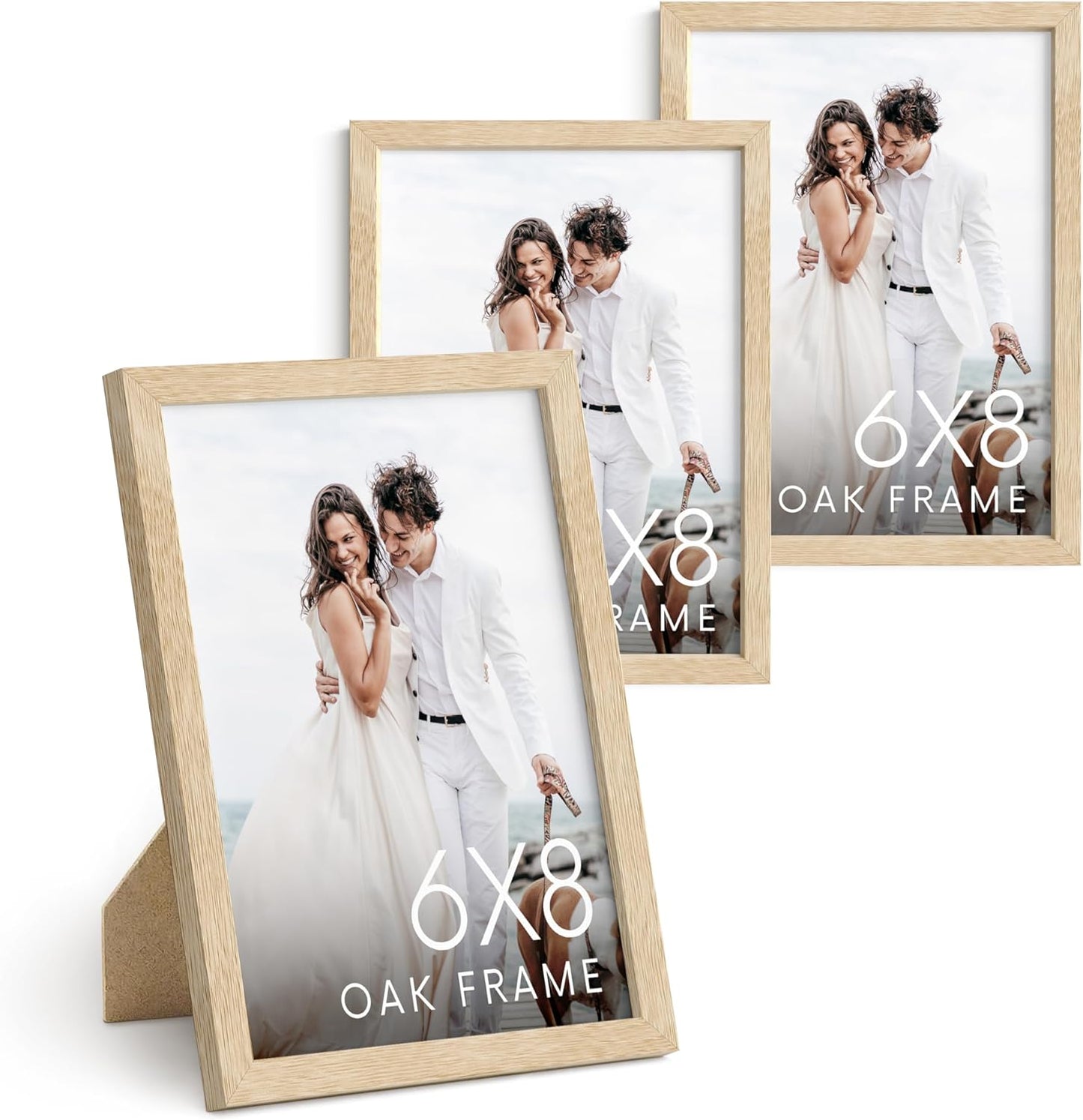 HAUS AND HUES 6x8 Natural Oak Wooden Picture Frame - Set of 3 6x8 Poster Frame - Premium Oak, Vertical Hang, Shatterproof Plexiglass - Ideal for Home, Room, Office (6x8-inch, Natural, Set of 3)