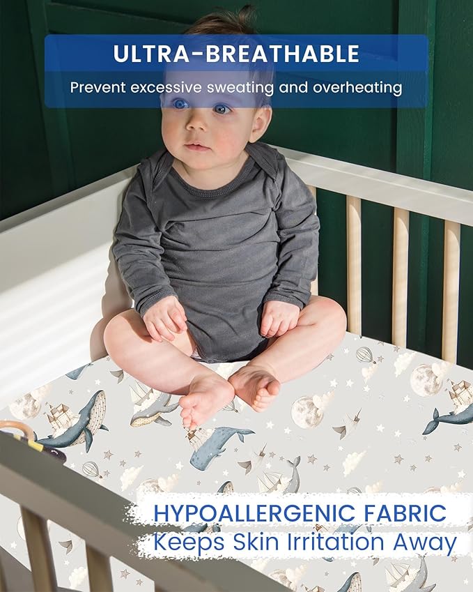 Premium Fitted Baby Boy Crib Sheets for Standard Crib Mattress - Ultra-Soft Jersey Knit Crib Mattress Sheet, Safe and Snug, Durable, Stylish Crib Sheet, 28''x52''x9'' Extra Deep Pocket (Whale Dreams)
