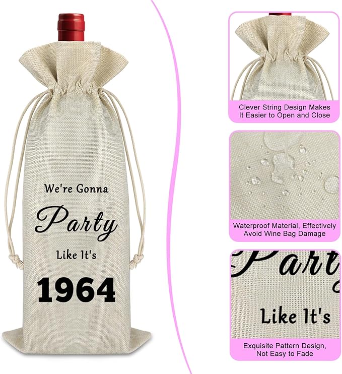 60th Birthday Gift for Women Men Wine Bag 60th Birthday Present Idea for Mom Dad 60 Year Old Turning 60 Gift for Wife Grandma Friend Wine Gift Bag Drawstring Burlap Wine Wrap Bag Birthday Party Decors