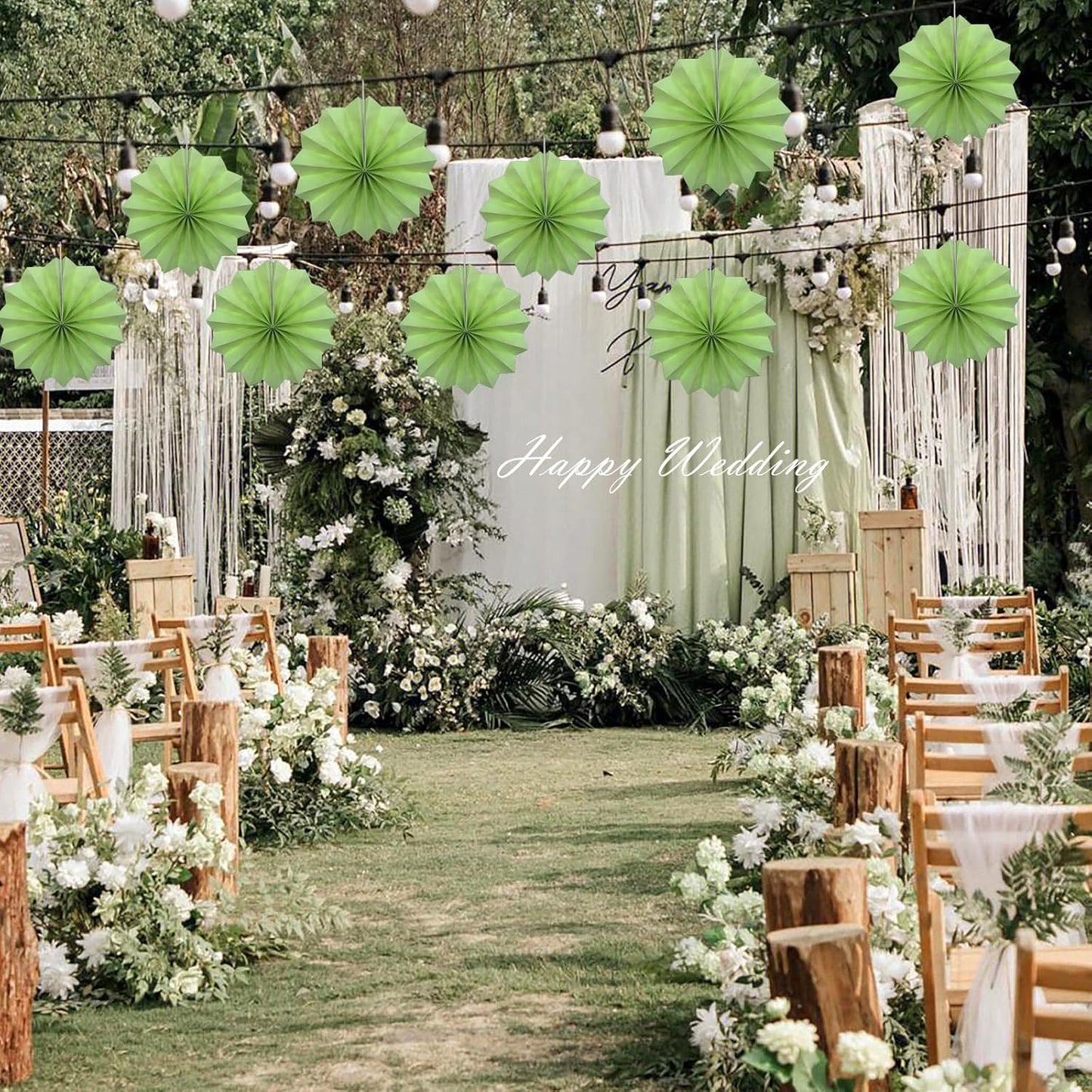 BARTHEW Green Hanging Paper Fans, 8in, 30 Pack, DIY Set, Minimalist Modern Style, Green, Military Theme, Birthday Occasion