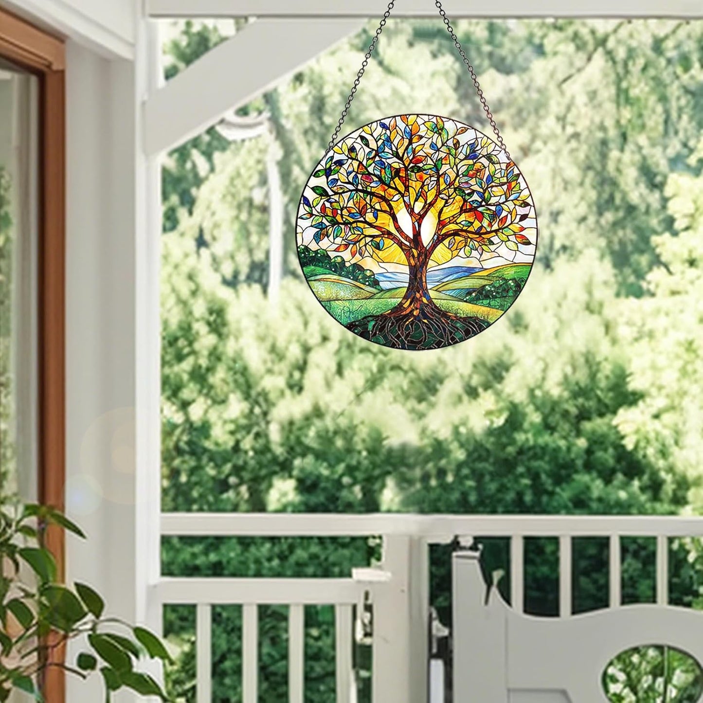 Stained Glass Window Hanging – Double-Sided Glass Sun Catcher with Chain – Memorial Window Art Panel for Home Décor, Spiritual Comfort, and All-Occasion Gifting