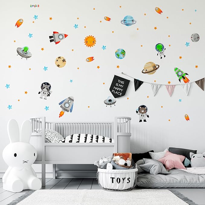 Solar System Wall Decals for Kids by Lipastick - Space Animal Wall Stickers Boys Room Playroom - Galaxy Wall Decor - Kids Vinyl Wall Decal Peel and Stick - Outer Space Nursery Decoration S Size