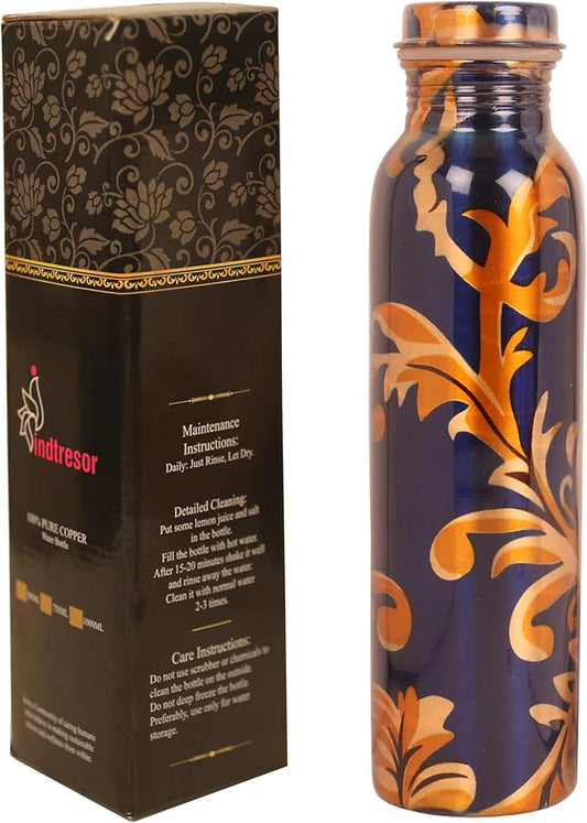Pure Copper Water Bottle - Handcrafted - Ayurveda health benefits - Large 35 oz - Leak proof - Easy to carry for Sports, Fitness, Yoga, School - Royal Blue Base Floral Golden Vines Enamel