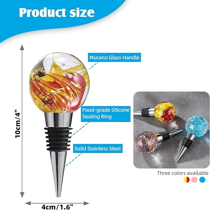 Murano Glass Wine Bottle Stopper with Mid Century Yellow Red Art Glass Ball, Reusable Wine Stoppers for Beverage Wine Saver, Decorative Bottle Stoppers for Gifts, Bar, Party, Wedding, Pack of 1