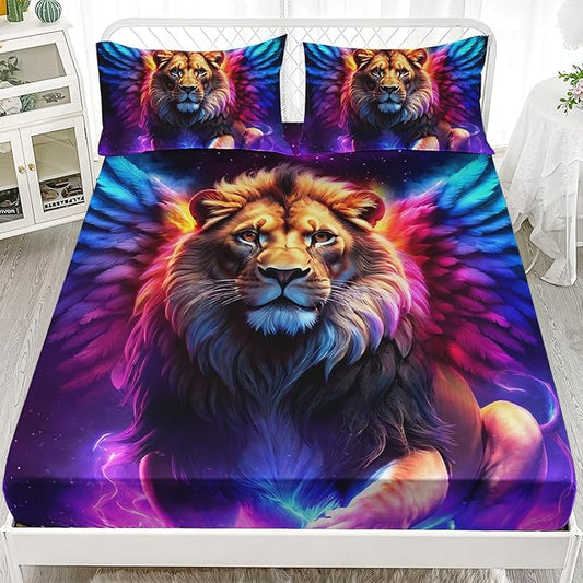 AILONEN Lion Fitted Sheet Set Full Size, 3 Pieces Printed Evening Starry Wings Lion Bed Sheet Set,Colorful Tie Dye Rainbow Fitted Sheet with 2 Pillowcases