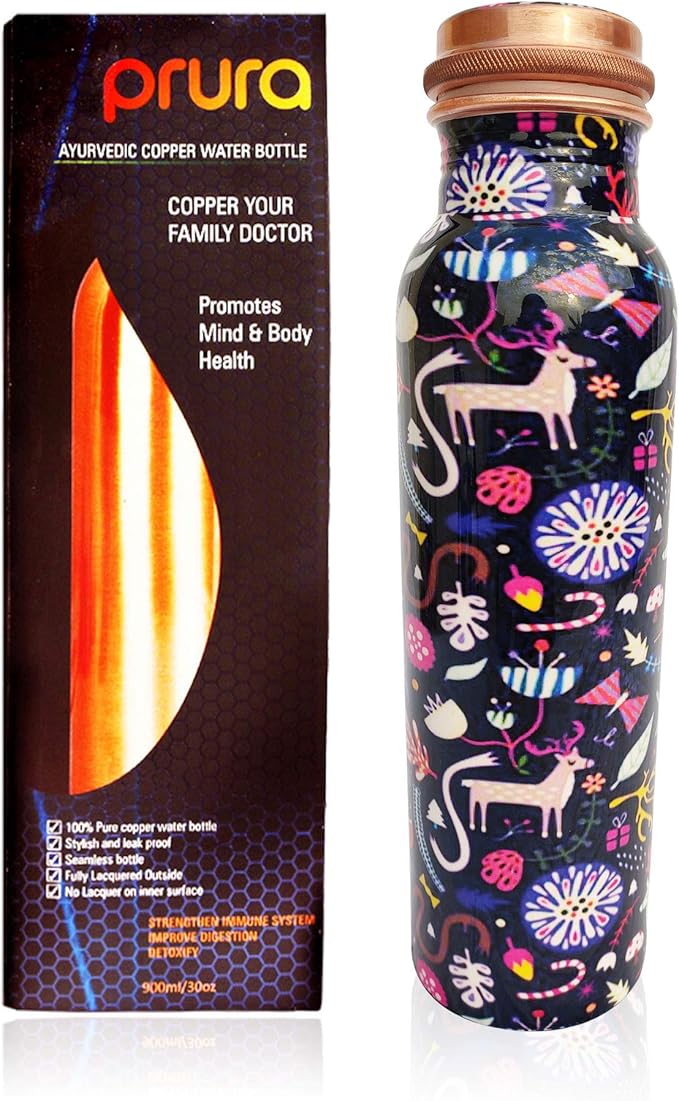 Pure Printed Copper Water Bottle - Leak Proof Ayurvedic Drinkware Copper Vessel for Sports, Gym, Outdoors, Yoga, Health Benefits (30 oz)