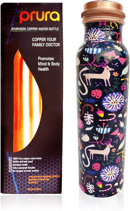 Pure Printed Copper Water Bottle - Leak Proof Ayurvedic Drinkware Copper Vessel for Sports, Gym, Outdoors, Yoga, Health Benefits (30 oz)