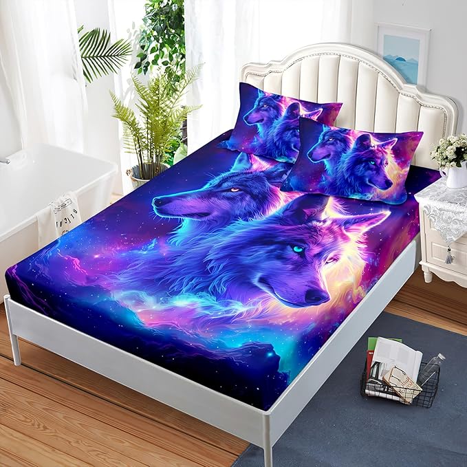 AILONEN Wolf Fitted Sheet Set Queen Size for Boys,Purple Galaxy Wolf Bed Sheet Set for Kids Teen, 3 Pieces Safari Wolf Sheet Set,Starry Wolves Fitted Sheet with 2 Pillowcases