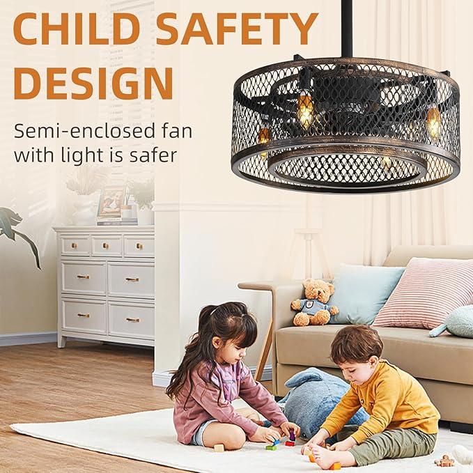 NicBex Ceiling Fan 20 Inch Ceiling Fans with Lights Caged Ceiling Fan with Blades and Remote Control Down Rod Mount Ceiling Fans for Bedroom, Living Room, Black Brown