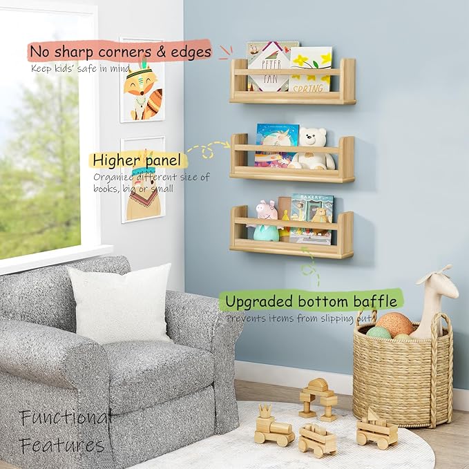 Wooden Wall Bookshelf for Kids Room, Natural Wood Floating Nursery Book Shelves for Baby Toddler Child Bedroom, Cute Wall Mount Bookshelves for Teen Girls Boys Closet Classroom Library