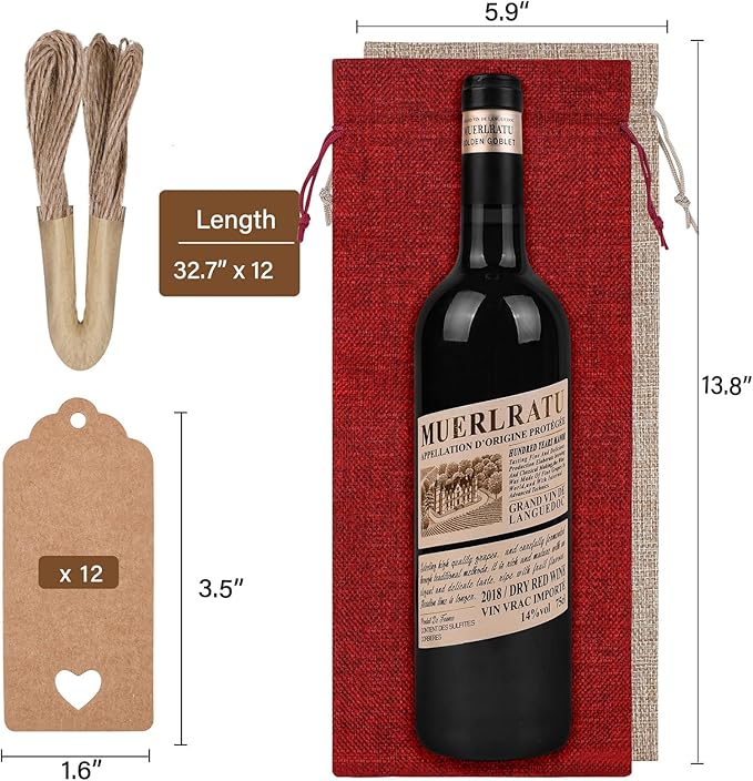 EVRWO Burlap Wine Bags 12 Pcs Wine Bottle Gift Bags Reusable Gift Bags With Drawstrings Tags & Ropes for Holiday Weedings Party, Birthdays, Travel, Blind Tastings, Home Storage 750ml