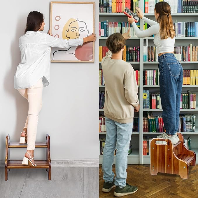 Wood Step Stool for Kids and Toddlers, Natural Acacia Solid Wood, Portable 2 Handles, Wider 2 Steps, Safe Non-Slip Bottom, Rounded Corners, Supports up to 300 lbs, Perfect for Children (Natural)
