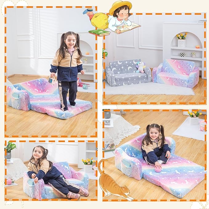 Baby Toddler Sofa Couch for Kids Extra Wide 2-in-1 Toddler Kids Fold Out Couch Bed for Playroom, Pull Out Children Convertible Sofa to Lounger for Boys & Girls with Double Pockets, Pink Horse