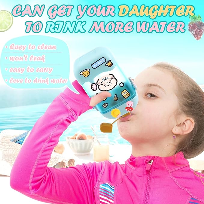 Patelai 8 Pcs Cute Water Bottles with Straw Kawaii Watermelon Ice Cream Cups Leak Proof Drinking Bottles with Adjustable Shoulder Strap for Sports Travel Camping(Stylish Style)