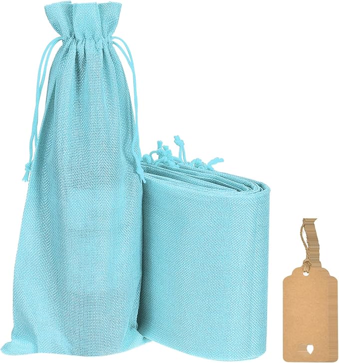 uxcell Burlap Wine Bags with Drawstrings, 12Pcs Wine Gift Bags Reusable Wine Bottle Bags with Ropes and Tags for Wedding, Birthday, Travel (14 x 6.3 In, Light Blue)