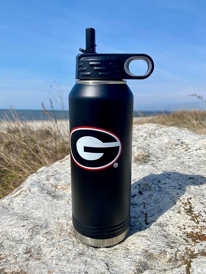University of Georgia Bulldogs 32oz Stainless Steel Double Walled Black Beverage Bottle with Flip Straw Spout - College Gear for Playoff Season – For Office, Home or Auto – Show your Bulldog Pride