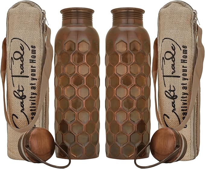 Craft Trade Copper Ayurveda Copper Water Bottle for Drinking 34 oz Set Of 2 Antique Black Diamond Pure Bottel Travel Water Bottle for Gym, Office, Hiking, Outdoor Ayurvedic Hammered Water Vessel