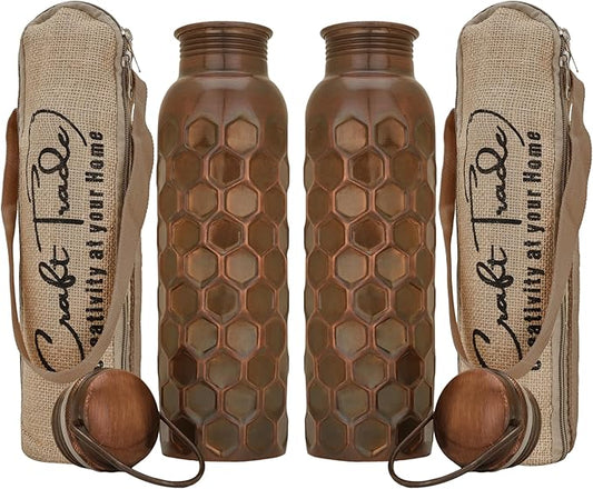Craft Trade Copper Ayurveda Copper Water Bottle for Drinking 34 oz Set Of 2 Antique Black Diamond Pure Bottel Travel Water Bottle for Gym, Office, Hiking, Outdoor Ayurvedic Hammered Water Vessel