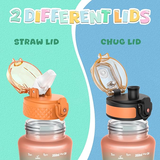 OLDLEY Kids Water Bottle for School, 12 oz (2 lids) BPA-Free Reusable Leak-proof Durable Tritan Plastic Water Bottles with Straw & Chug Lids, Anti-dust Spout Cover (Sunflower)