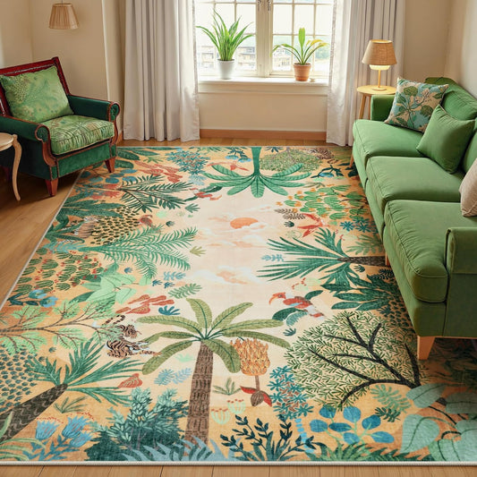 LIVEBOX Boho Jungle Animal Print 5 x 7 Area Rugs for Living Room, Soft Yellow Rug for Bedroom, Non-Slip Machine Washable Rugs for Dining Room Office, Kids Rugs for Playroom Sun Rug for Nursery Room