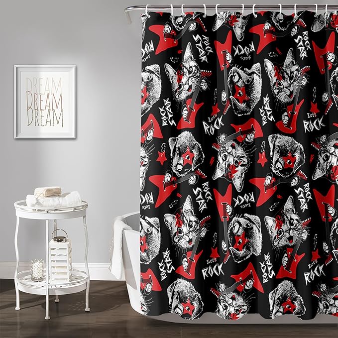 AILONEN Kitten and Puppy Shower Curtain,Rock Kitten Puppy Bath Curtains for Kids Boys Girls,Animal Polyester Waterproof with 12 Plastic Hooks 72" W*78" H