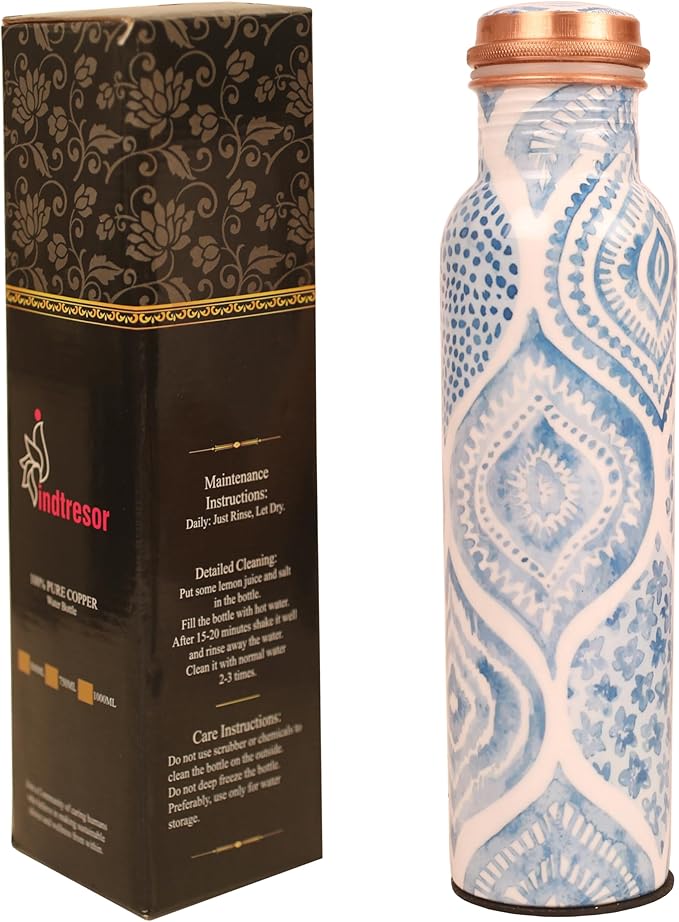 Pure Copper Water Bottle - Handcrafted - Ayurveda health benefits - Large 35 oz - Leak proof - Easy to carry for Sports, Fitness, Yoga, School - Sky Blue Artistic Patterns Enamel