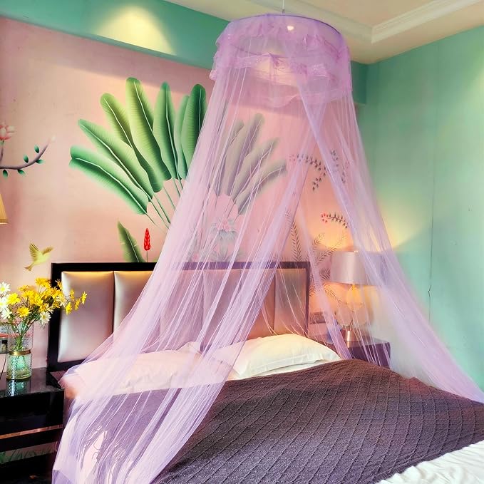 Eimilaly Lace Bed Canopy Mosquito Netting with Warm Lights, Princess Bed Canopy for Girls Room Decor, Pink/Single Door