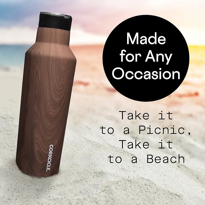 Corkcicle Sport Canteen Insulated Tumbler, Walnut Wood, 20 oz – Reusable Water Bottle Keeps Beverages Cold for 25 Hours & Hot 12 Hours – Cupholder Friendly Tumbler with Screw-On Cap