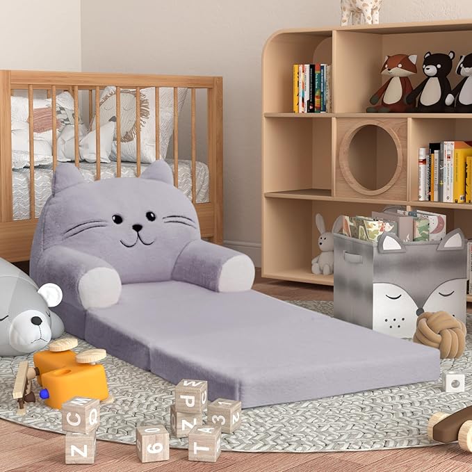 Kids Sofa Chair for Toddler, 2-in-1 Folding Soft Baby Couch with Removable Cover, Comfy Plush Children's Recliner, Convertible Floor Sofa Bed to Lounger for Girls Boys Age 1-3,Cat Grey