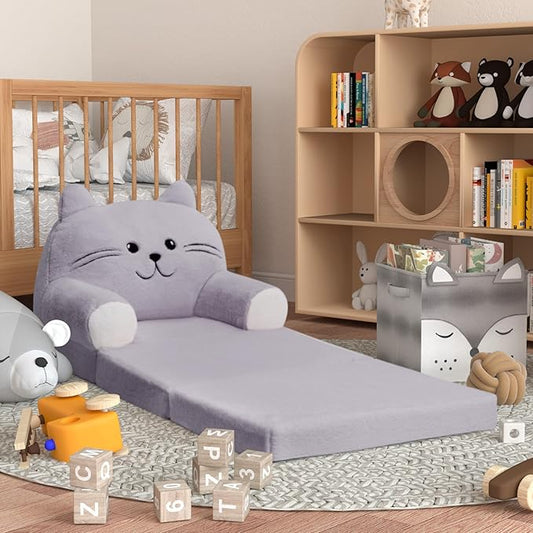 Kids Sofa Chair for Toddler, 2-in-1 Folding Soft Baby Couch with Removable Cover, Comfy Plush Children's Recliner, Convertible Floor Sofa Bed to Lounger for Girls Boys Age 1-3,Cat Grey