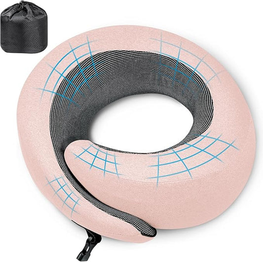 PORTHOLIC 2024 Upgraded Travel Neck Pillow with Buckle,100% Pure Memory Foam Travel Neck Pillow for Airplane Travel Flight Headrest Sleep, Portable Plane Accessories (Pink)