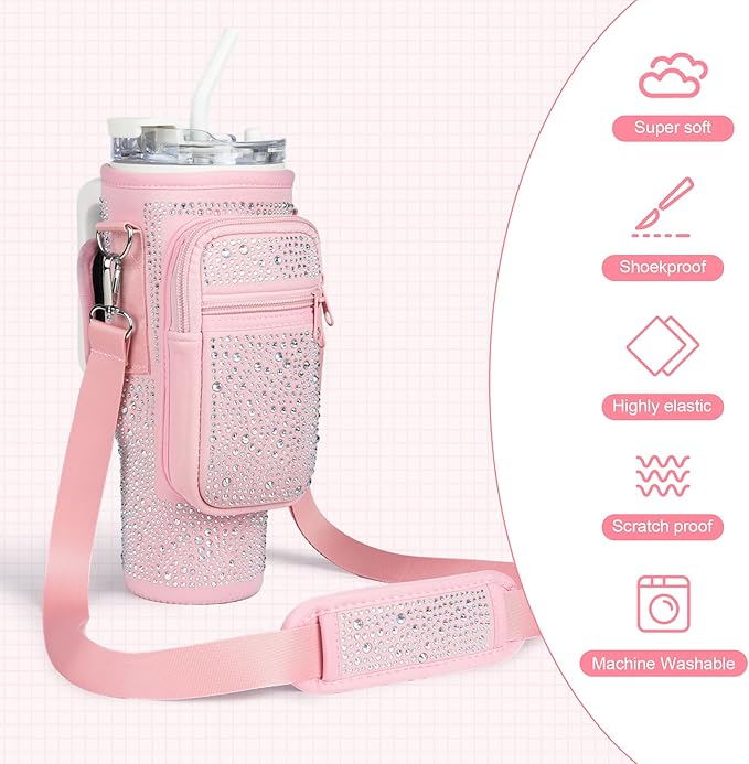 Bling Diamond Water Bottle Carrier Bag with Phone Pocket for Stanley 40/30 oz Tumbler with Card Holder,Neoprene Water Bottle Holder Pouch with Adjustable Strap for Stanley Cup Accessories