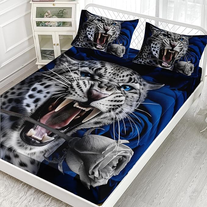 AILONEN Leopard Fitted Sheet Set Twin XL Size, Roaring Cheetah Print Bed Sheet Set,Blue Rose Bedding Grey Leopard Sheet Set,Wildlife Bed Sheet Set Animal Themed Fitted Sheet and 2 Pillowcases,3 Pieces