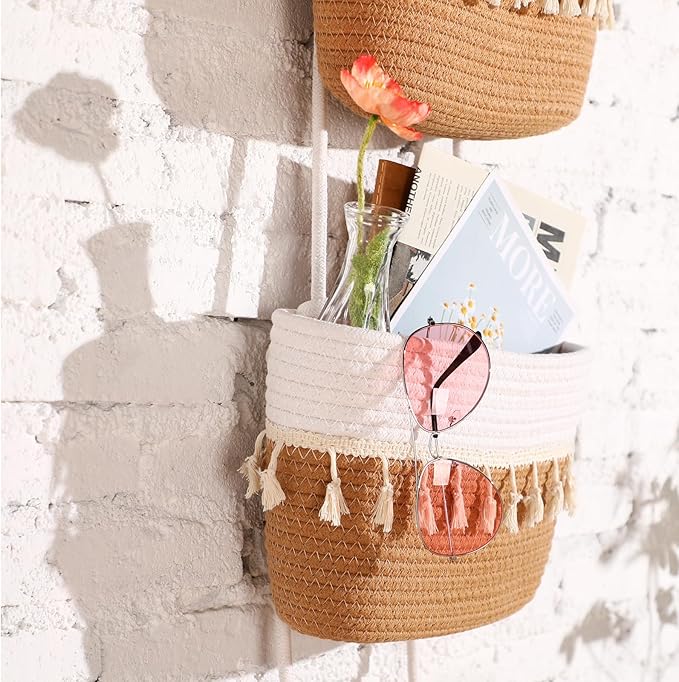 Over The Door Hanging Basket Boho Woven Wall Hanging Baskets 3-Tier Cotton Wall Mounted Storage Organizer Bag Macrame Decorative Hanging Baskets for Kitchen Laundry Room Stairs(White, Jute)