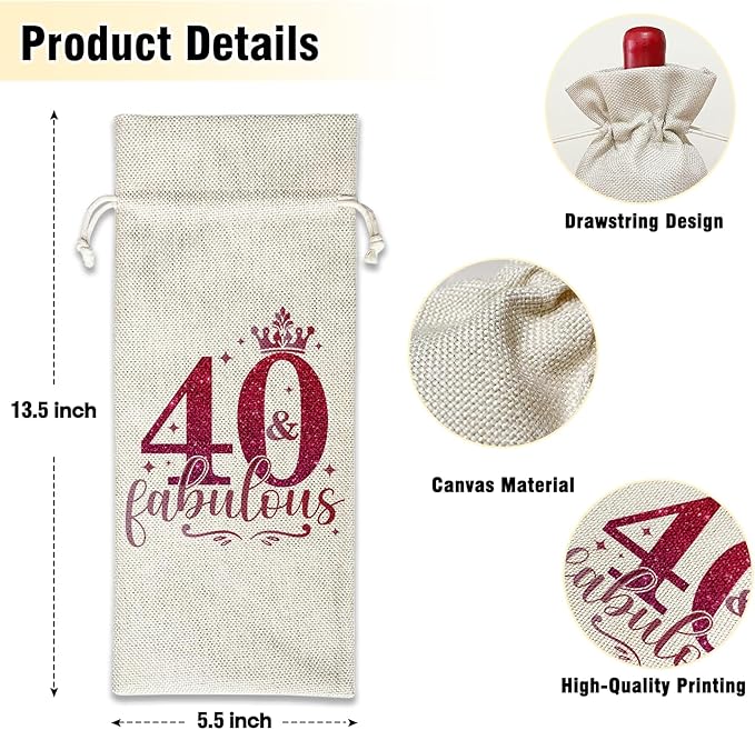 Wine Canvas Bag, 40 Year Old Birthday Wine Gift Bag, 40th Birthday Gift for Women Wife, Wine Bags for Wine Bottles, 40 & Fabulous Wine Champagne Gifts With Drawstring Birthday Party Decoration -WB02