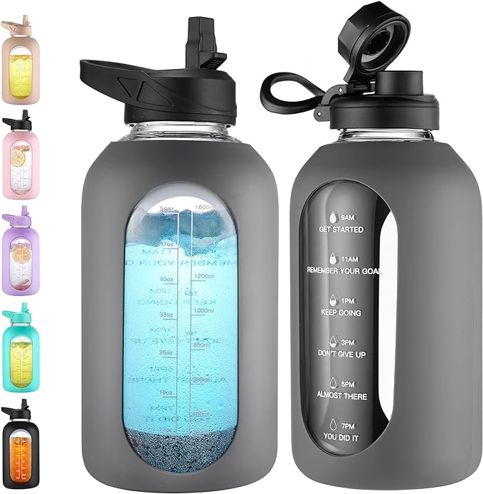 CIVAGO 64 oz Glass Water Bottle Jug with Straw and Handle, Half Gallon Sports Motivational Water Bottle with Time Marker, Wide Mouth Water Flask Canteen with Silicone Sleeve for Gym,Gray