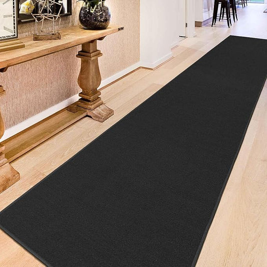 Machine Washable Modern Solid Design Non-Slip Rubberback Traditional Runner Rug for Hallway, Kitchen, Bedroom, Living Room, 2'7" x 12', Solid Black