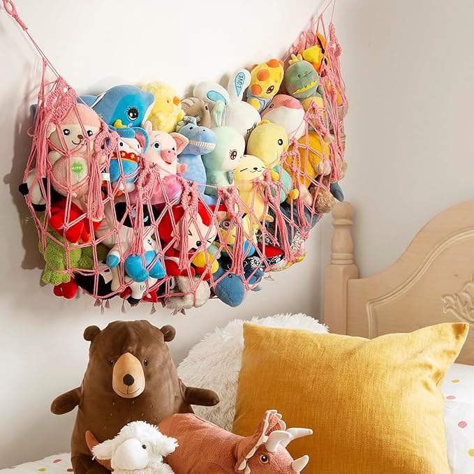 Large Stuffed Animal Storage Net or Hammock Wall Mounted Macrame Stuffed Animal Display For Nursery Hanging Organizers Pink